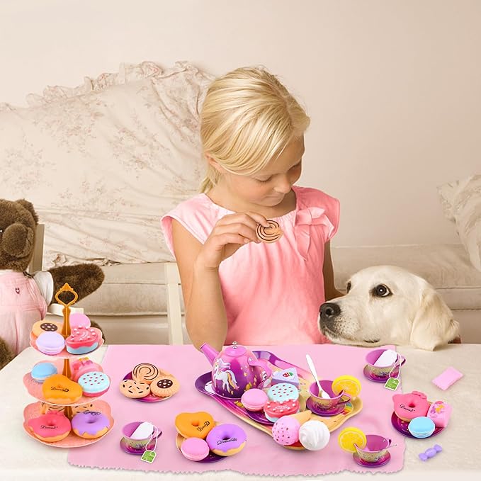 Auney Tea Party Set Toys for Girls, Tin Unicorn Tea Set Pretend Play Girls Toys Gifts for Age 3-6, Kids Toys Gifts for Toddlers Including Carrying Case (New Unicorn)