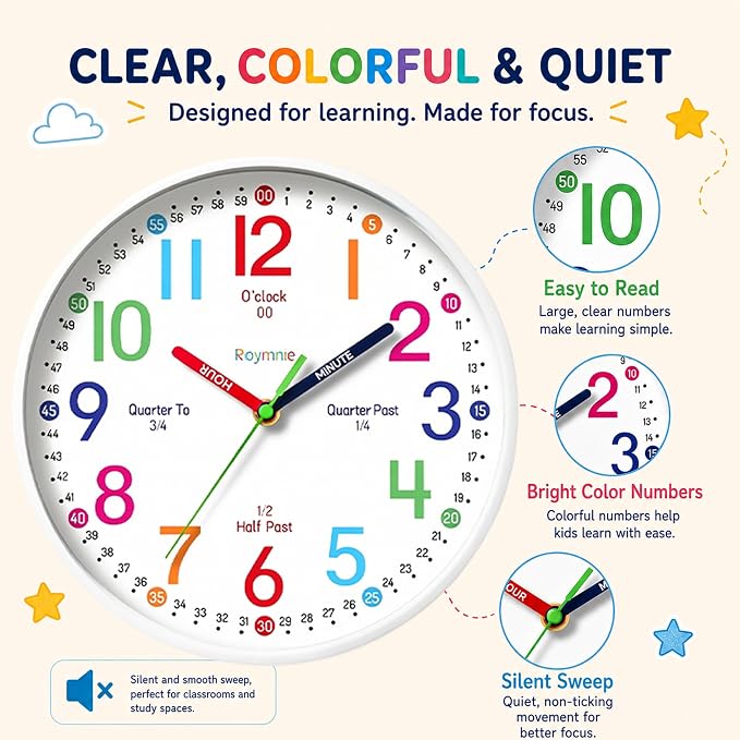 Roymnie Wall Clock 8" for Kids Learning Battery Operated Teaching Silent - Image 7