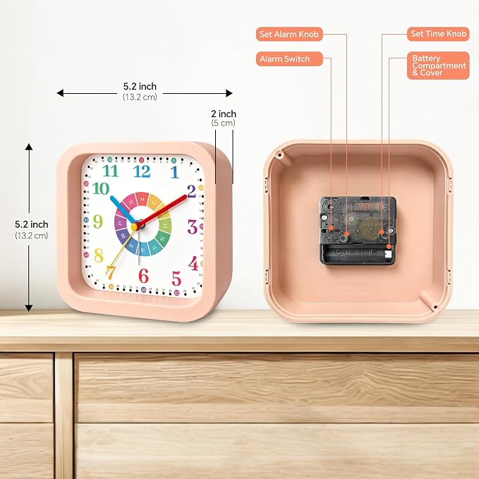 Modern Silent Learning Alarm Clock for Kids, 4.5" Loud Battery Operated Alarm Clock for Heavy Sleepers with Unique Dial & Numbers, Plastic Desk Clock for Kids Bedroom Classroom Dorms, Pink - Image 3