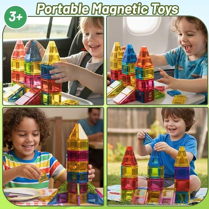 Mini Magnetic Tiles,78PCS Travel Magnetic Tiles Set with Iron Box,Portable Building Blocks for Kids Ages 3+,Car Airplane Travel Essentials Kids Toy,Creative STEM Toys Birthday Gift for Boys & Girls - Image 4