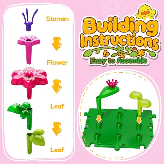 Flower Garden Building Toys for Toddler 3 4 5 6 7 Years Old, DIY Stacking Toys with Storage Box, Kids STEM Preschool Educational Toy, Christmas Birthday Gift for Girls Ages 3-5
