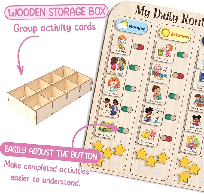 My Daily Routine Chart for Kids 11x14 Inch – Wooden Chore Chart with Morning Afternoon Evening Sections, Visual Schedule Board with Sliding Trackers & Star Reward System for Toddlers - Image 4