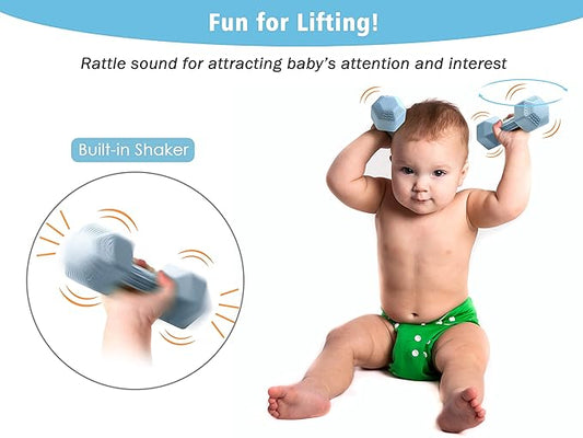 Giftty Baby Dumbbell - Silicone Infant Rattle Teething Toy Teether Toddler Sensory Toy Durable Safe Exercises Workout Weight - Great Gift for Baby Boys & Girls (1pcs - Tangerine)
