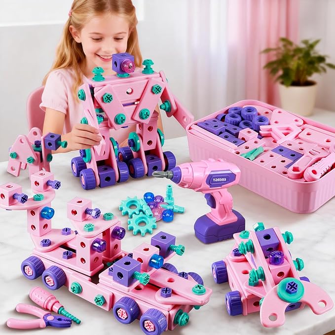 VEAIS Pink Kids Tool Set for Girls,Tool Set with Drill &Toolbox,STEM Montessori Toys for 3 4 5 Year Old,Pretend Play Kid Toy,Educational Construction Toy for 3-6 Year Old Girl,Birthday Gift for Kids by VisittheVEAIS