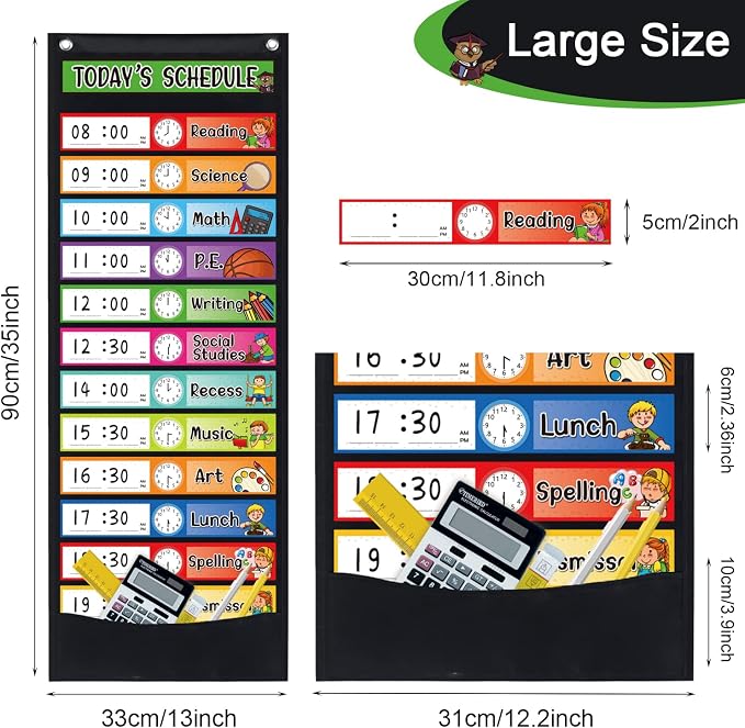 Daily Schedule Pocket Chart Kit,40 Bright Attractive Double-Sided Reusable Erasable Cards,1 Title Card,13+1 Scheduling Pocket Chart with 2 Hangers for Classroom Office Home Preschool Learning (Black) - Image 5