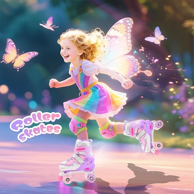 NEMONE Mermaid 4 Size Adjustable Light up Roller Skates for Girls, Purple Blue Skates for Toddlers, Beginner Kids Butterfly Roller Skates Indoor Outdoor