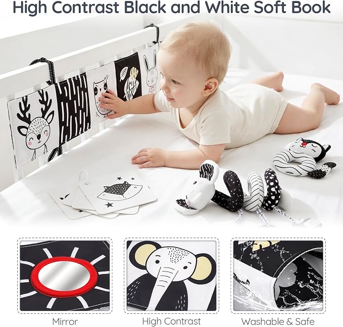 Joyreal High Contrast Baby Toys for Newborn, Black and White Baby Sensory Toys with Car Seat Toys,Infant Toys with Black White Cards Book, Montessori Toys for Baby Gifts (Elephant Theme) - Image 3