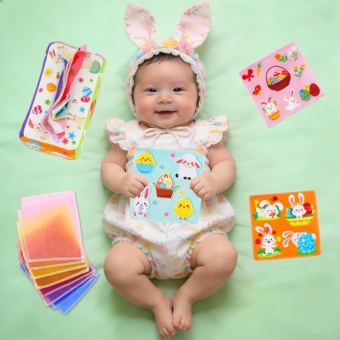 Easter Baby Toys - Easter Basket Stuffers for Babies 6-12 Months - Baby Tissue Box Toy Montessori Soft Stuffed Bunny High Contrast Crinkle Infant Sensory Toys 6 7 8 9 Months Easter Boy Girl Gifts - Image 3