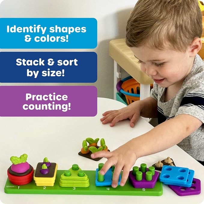 Learning Resources Stacking Shapes Garden, Fine Motor Skills, Stacking and Sorting Puzzle Board, Montessori Toddler Sensory Table Toys, Color Matching, Busy Board, Boy and Girl Gifts - Image 3