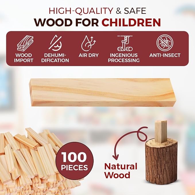 OWT Wooden Building Planks for Kids | 100 Piece STEM Construction Blocks Set for Creative Play | Educational Wood Building Toys for Boys and Girls Ages 3+ | Architecture, Engineering & Learning Fun - Image 3