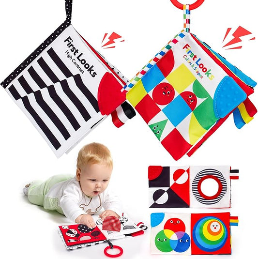 hahaland Baby Books 0-6 Months - 2PCS Infant Toys 0-6m Tummy Time Babies Toy Newborn Toys High Contrast Visual Development Sensory Book Baby Girl Boy Shower Christmas Birthday Gift Stocking Stuffers