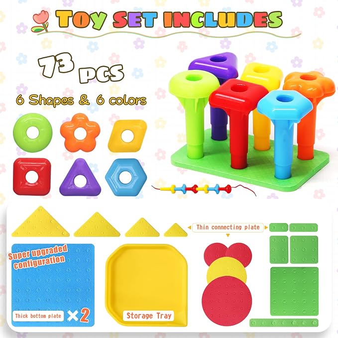 Peg Board Toy set 73Pcs DIY Building Stacking Toys for Kids 3-6 Years Old,STEM Educational Kids Toy for Brain Development,Montessori Sensory Toys,Upgrade Various Foam Board Plastic Lacing String Game - Image 3