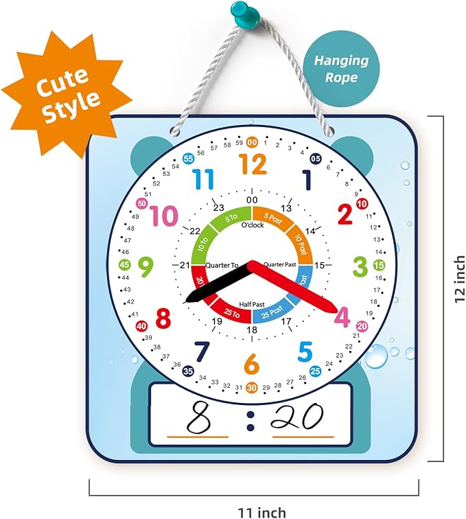 ANCOMEDO 2 Pack Magnetic Writable Dry Erase Teaching Clock, Large 12" Teaching Demonstration Clock for Kids Learning Time with Cute Style for Home School Classroom Supplies(12" x 11") - Image 2