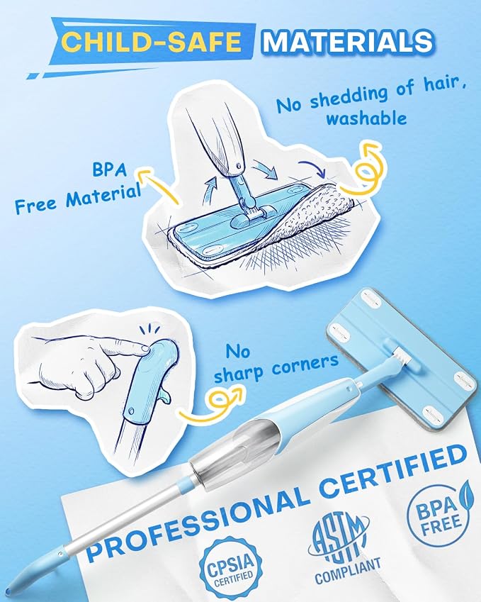 Kids Spray Mop, Blue Toddler Cleaning Set with Refillable Water Spray Tank, Lightweight Pretend Play Mop Toy for Boys Girls, Montessori Housekeeping Toy Gift - Image 8