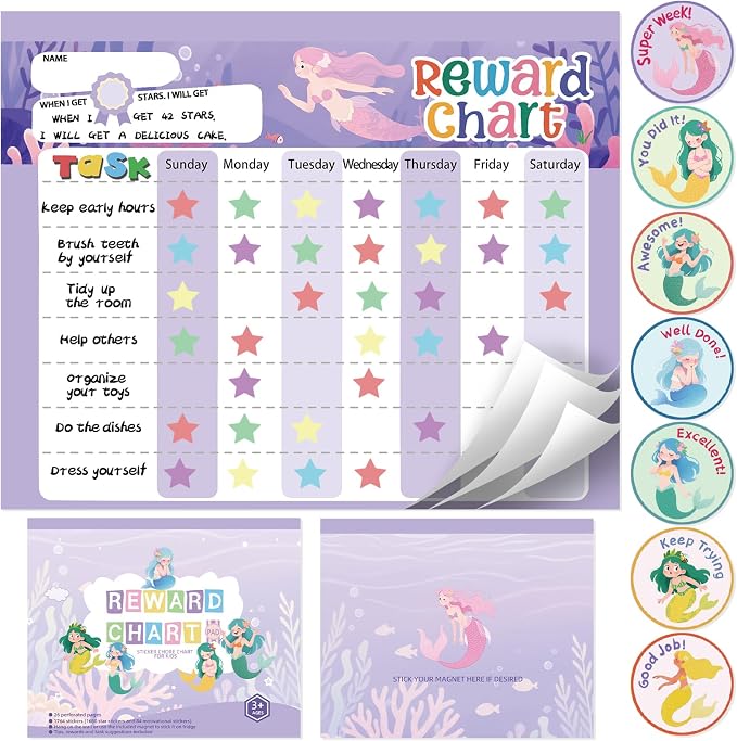 Magnetic Reward Chart for Kids at Home, Behavior Chart Pad with 26 Chore Charts, 1680 Star Stickers, 84 Motivational Stickers to Develop Responsibility & Good Habits (Mermaid) by khlerox