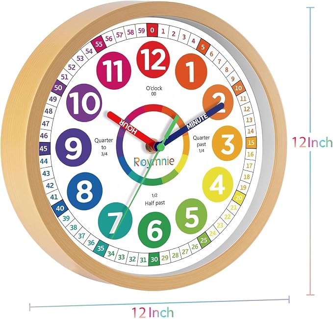 Roymnie 12" Wall Clock for Kids Learning Battery Operated Teaching Silent - Image 9