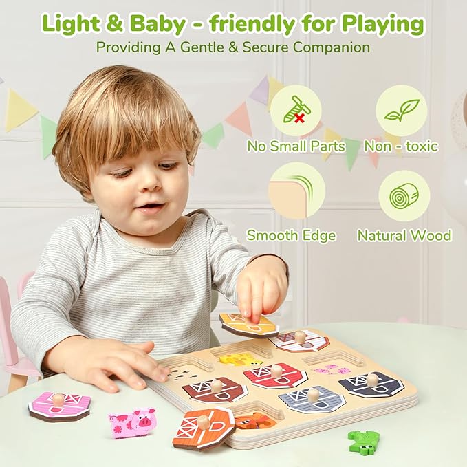 JoyCat Wooden Puzzles for Toddlers 1-3, Montessori Toys for 1 2 Year Old Boy Girl Birthday Easter Gifts, Animal Match Farm Peg Puzzles, Preschool Learning Toys for Toddlers Age 1-2