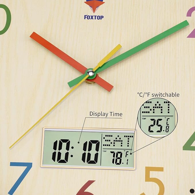 Foxtop Digital and Analog Kids Wall Clock 12 Inch Silent Non-Ticking Battery Operated Kids Clock for Kids Room Playroom Nursery Classroom School - Image 4