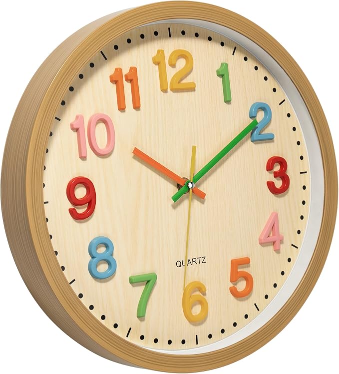 Foxtop Silent Kids Wall Clock Non-Ticking Battery Operated Colorful Childrens Clock for Classroom Playroom Nursery Bedrooms Kids Room (3D Numbers, 12 inch) - Image 4