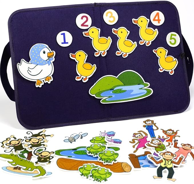 CHEFAN Felt Board for Toddlers, Felt Pieces Storytelling Flannel Board with 5 Little Ducks, 5 Little Monkeys and 5 Green Speckled Frogs Stories for Preschool Activities, 4 Sets by CHEFAN
