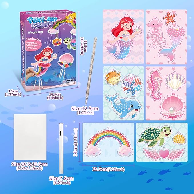 YOTOY Poke Arts and Crafts Kits for Kids - Ocean Poke Art Kit with Wind Chime Craft, Toys for Girls Ages 4-10, DIY Decor Creative Activit Game, Birthday Gift for 4 5 6 7 8 9 Year Old
