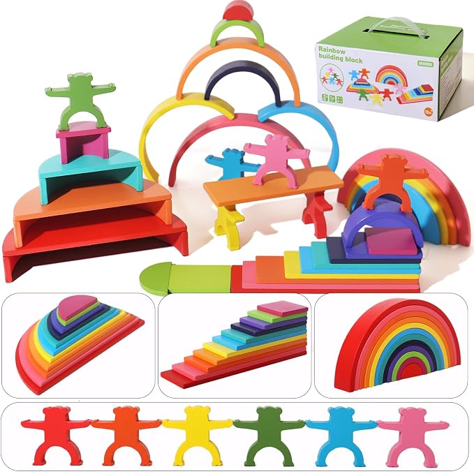 Dinhon 40-Piece Wooden Rainbow Stack Set, 4-in-1 Building Blocks preschoolers Early Development & Activity Toys Montessori Toys for Kids 1 2 3 4 Years and Older Gifts for Boys and Girls by Dinhon