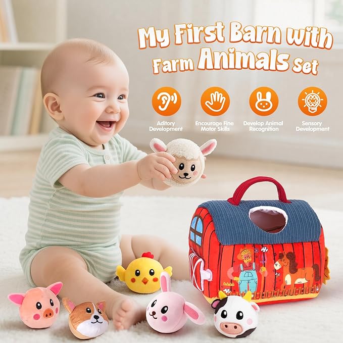 Baby Toys 6-12 Months - Soft Barn with Stuffed Farm Animals Toy, Montessori Toys for 6 Months Infant Boys Girls Sensory Gifts with Rattle, Crinkle Paper, Mirror Christmas Stocking Stuffers