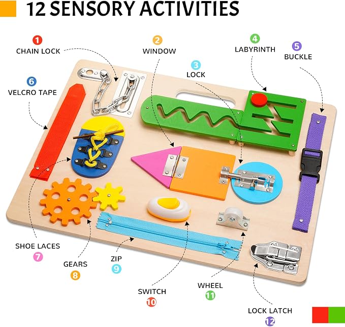 Montessori Busy Board for Toddlers, Wooden Sensory Toys, Preschool Learning Activities for Fine Motor Skills Travel Toy, Basic Life Skills Educational Gifts for 1 2 3 Years Old Kids Boys Girls - Image 3