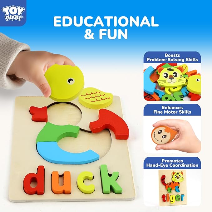 TOY Life Toddler Puzzles Ages 2-4, 6 Animals with Spelling Wooden Puzzles for Toddlers 3-5, Montessori Toys Gifts for 1 2 3 Years Old Boys Girls, Christmas Birthday Gifts Learning Toys for Kids