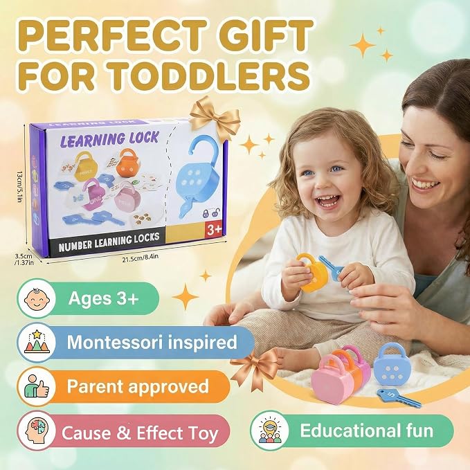 GEERAY Cause and Effect Toys for Toddlers 3+, Montessori Lock & Key Set with 5 Apple-Shaped Locks, Keys & 10 Cards – Learn Numbers, Colors & Motor Skills STEM Toy Gift for Home & Classroom - Image 7