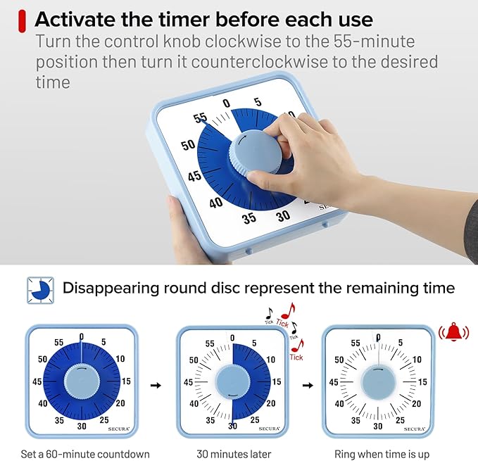 Secura 60-Minute Visual Countdown Timer, 7.5-Inch Oversize Classroom Visual Timer for Kids and Adults, Durable Mechanical Kitchen Timer Clock with Magnetic Backing (Navy Blue) - Image 3