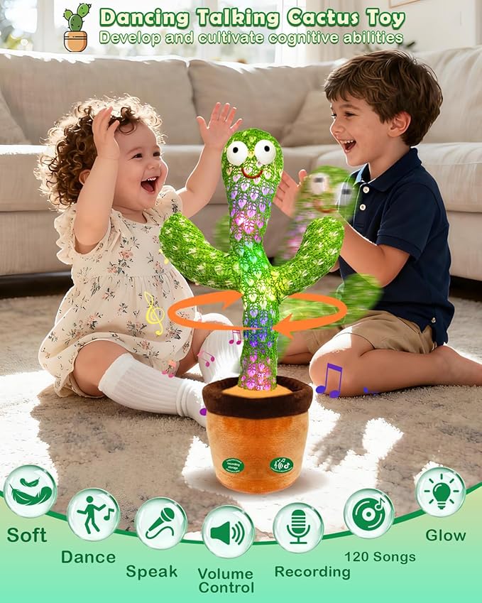 Pbooo Talking Dancing Cactus Toy for Baby, Repeats What You Say & Recording, 120 Songs Interactive Musical Toy with Volume Control, Light Up Tummy Time Infant Toys for 6 12 Months, 1 Year Old Gifts