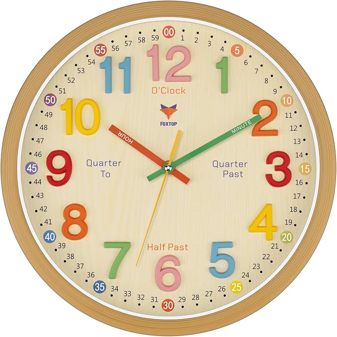 Foxtop Learning Clock for Kids - Telling Time Teaching Clock 12 Inch Silent Non-Ticking Battery Operated Kids Wall Clock for Kids Room Playroom Nursery Classroom School (3D Numerals) by Foxtop