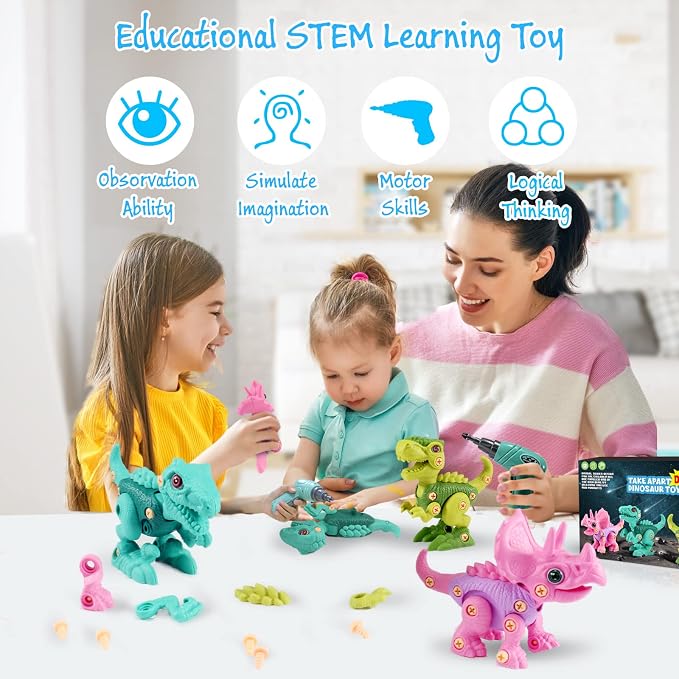 FREE TO FLY Dinosaur Toys for 3 4 5 6 Years Old Girls, Take Apart Dinosaur Learning Toys for Kids 3-5 5-7, STEM Building Construction Set with Electric Drill, Birthday Ideas - Image 2