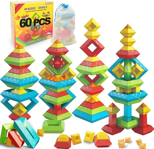 Stacking Toys Building Blocks for Toddlers 60 PCS Montessori Toys for 3 4 5 6 Year Old Sensory Toys Preschool Learning Activities Stem Educational Pyramid Magic Tower Gifts Set for Kids Boys Girls