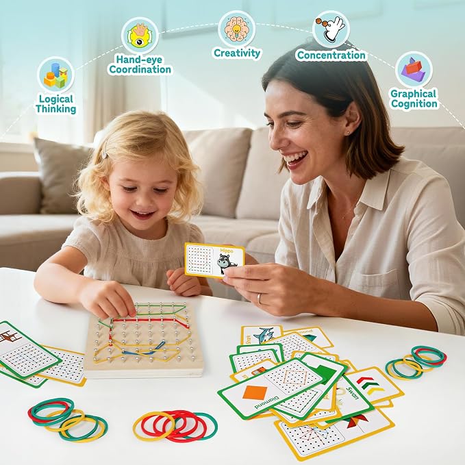 Wooden Geoboard, Montessori STEM Toy with Pattern Cards for Kids Ages 3+ - Image 4