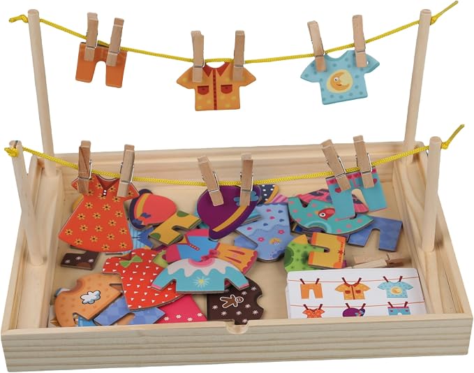 Montessori Practical Life Clothes Hanging Job, Laundry Activity Set with Rope Strings, Clothespins & Dress-Up Air Drying Game Airing Clothes for Toddlers Kids Ages 2-6, Classroom Educational Toy Gift - Image 8