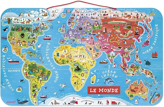 Janod J05500 Wooden Magnetic World Map Puzzle 92 Pieces, French Version by Janod