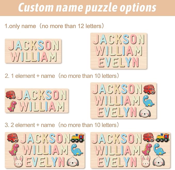 Personalized Name Puzzle for Kids, Custom Wooden Name Puzzle Engraved Text On Back, 1st Birthday for Kids, Personalized Baby Gifts Name Puzzles for Toddlers 1-3, Toddlers Toys