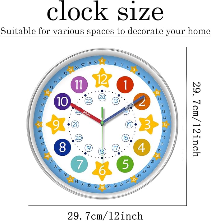 XFM Colorful Kid Wall Clocks Battery Operated 12 inch Silent - Image 5