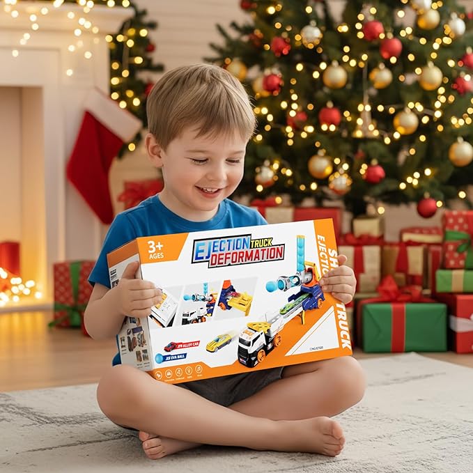 Truck Toys for Kids, EVA Ball Launcher Car Toys for Boys 3-5, Foldable Toy Truck with Light & Sound, Shooting Transport Toy Car Playset, Christmas Birthday Gifts for Kid Boys Age 3 4 5 6 Years Old