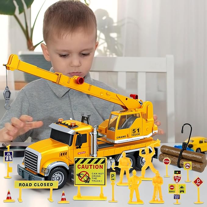 15 Inch Friction Powered Crane Truck Toy with Lights, Sounds & Movable Arms - Construction Vehicle Gift for Kids Boys Girls Ages 3-7