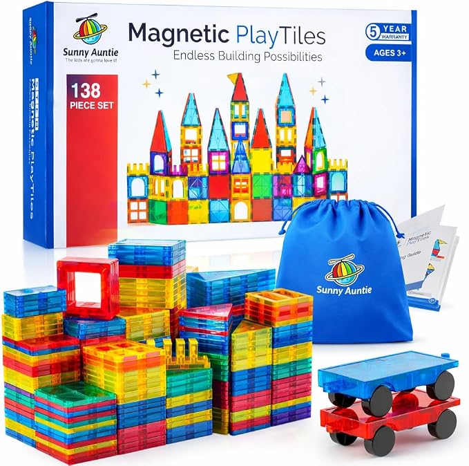 SUNNY AUNTIE Magnetic Tiles STEM Toys Building Set, Ages 3+ - 138 Pieces by SUNNYAUNTIE