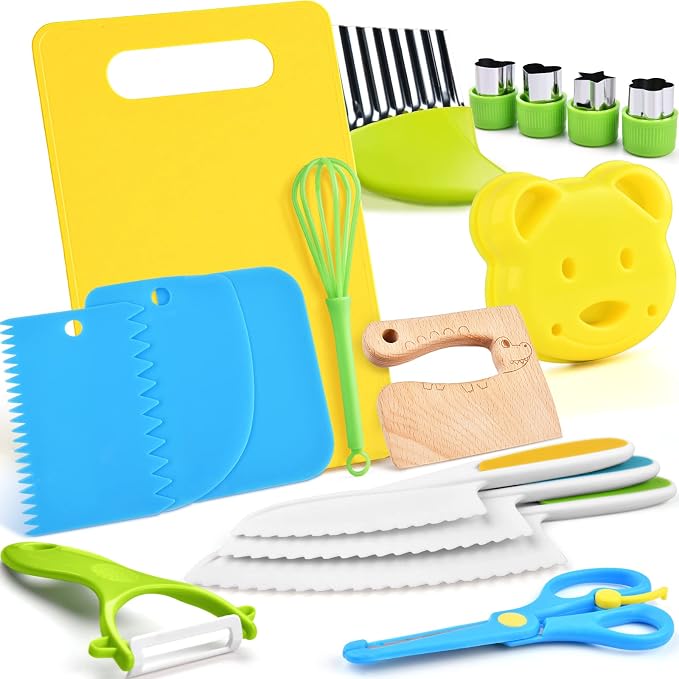 17PCS Montessori Toys Real Cooking Set for Kids Ages 3-6 - Kitchen Toys for Toddlers with Safe Knives, Cutting Board & Utensils - Learning Educational Pretend Play by Yeeammk