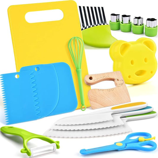 17PCS Montessori Toys Real Cooking Set for Kids Ages 3-6 - Kitchen Toys for Toddlers with Safe Knives, Cutting Board & Utensils - Learning Educational Pretend Play by Yeeammk
