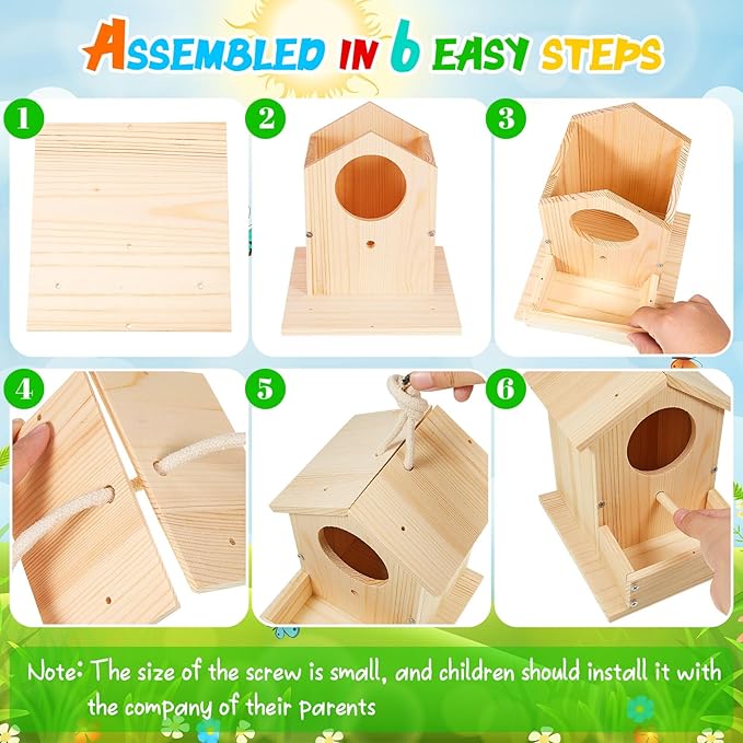 Liliful 12 Pack Wooden Birdhouse Kit DIY Bird House with Paint and Paintbrushes Art and Crafts Painting Kits for Boys Girls Adults Build Paint Classroom Birthday Indoor Outdoor Craft