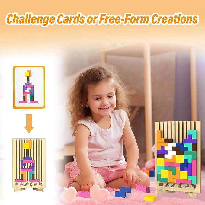 Wooden Block Puzzle Montessori Toys, Colorful Stacking Game Brain Teaser Puzzles for Toddlers and Kids with 20 Cards, Educational Wooden Toy Gifts for 3 4 5 6 7 8 Year Old Boys and Girls - Image 4