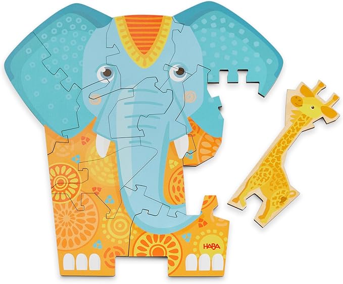 HABA Wooden Puzzle Elephant - 2 in 1 Reversible Puzzles for Kids Ages 4-6, Durable Educational Toys and Wooden Montessori Toys
