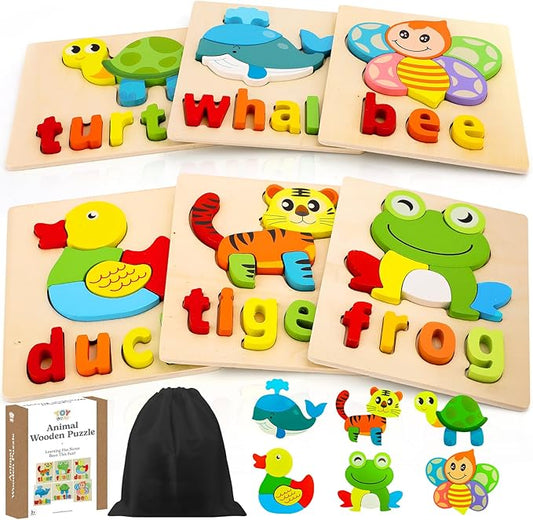 TOY Life Toddler Puzzles Ages 2-4, 6 Animals with Spelling Wooden Puzzles for Toddlers 3-5, Montessori Toys Gifts for 1 2 3 Years Old Boys Girls, Christmas Birthday Gifts Learning Toys for Kids