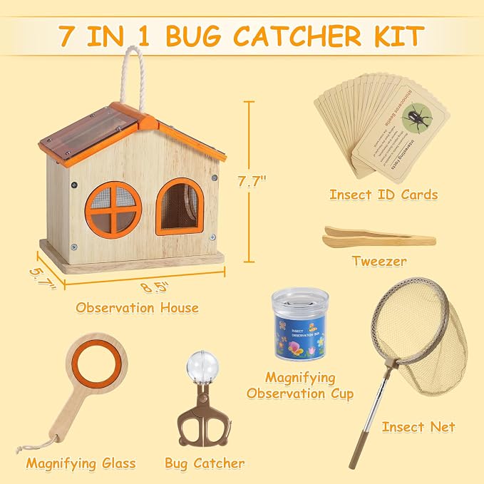 SainSmart Jr. Bug Catcher for Kids - Wooden Bug Habitat with Magnified Viewer, Butterfly Net, Observation Box, Tweezers & 15 Cards, Outdoor Toys & STEM Toys for Boys & Girls Ages 3+, Orange - Image 6